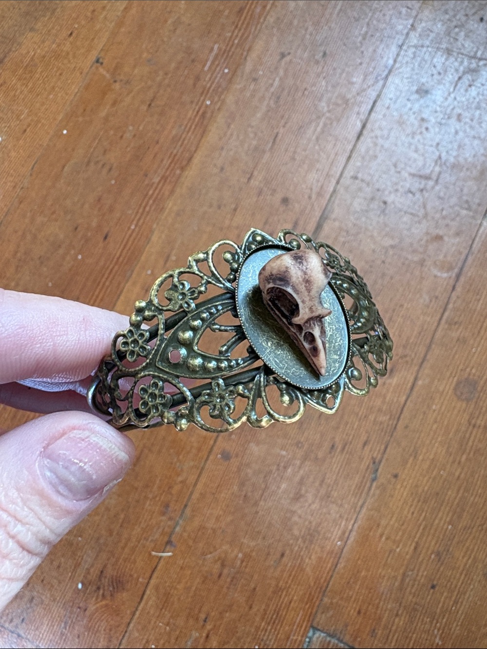 Antique Brass Filigree Bracelet with Bird Skull Accent - Brown, Adjustable